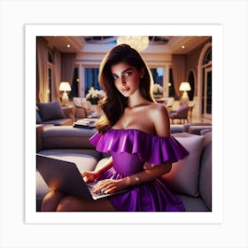 Beautiful Woman Using Laptop In Living Room 4 Art Print