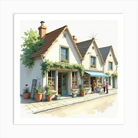 Watercolor Portrayal Of A Quaint Village Shop With People Browsing And Chatting 1 Art Print