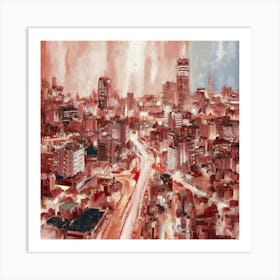 A stunning impressionistic abstract painting of Tokyo at night, using the pointillist technique to bring it to life. The cityscape is painted in soft pastel colors Art Print