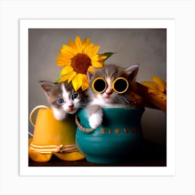 Kittens And Sunflowers In Pots 1 Art Print