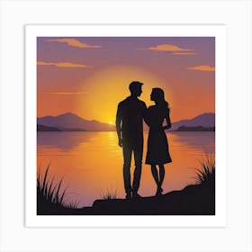 Couple Silhouette In The Sunset Art Print