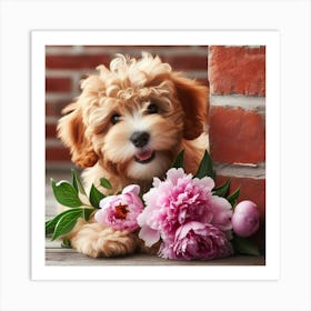 Puppy With Flowers Art Print