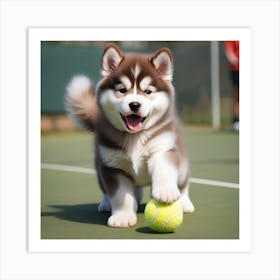 Husky Puppy Playing Tennis Art Print
