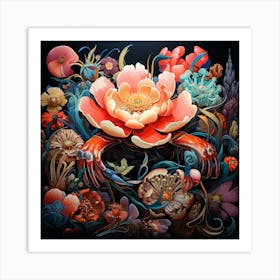 Crabs And Flowers Art Print