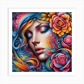 Colorful Girl With Flowers 5 Art Print