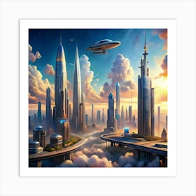 A futuristic cityscape with towering skyscrapers, and flying vehicles. Art Print