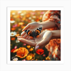 Butterfly In A Woman'S Hand Art Print