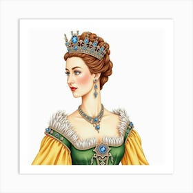 Graceful Watercolor Of Queen Elizabeth I, Royal Jewels, Embroidered Gown 1 Art Print