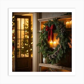 Closeup Capture Of A Decorated Shelf With A Festive Christmas Wreath Adjacent To A Warmly Lit Door Art Print