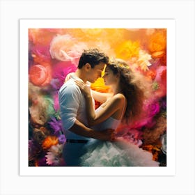 Young Couple In Love With Flowers. Fairytale Wedding Art Print