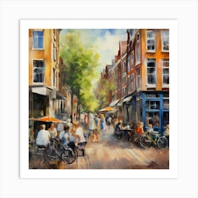 Amsterdam Street.Amsterdam city.summer. Cafes. Passersby, sidewalks. Oil colors. Art Print