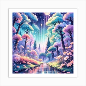 A Fantasy Forest With Twinkling Stars In Pastel Tone Square Composition 33 Art Print