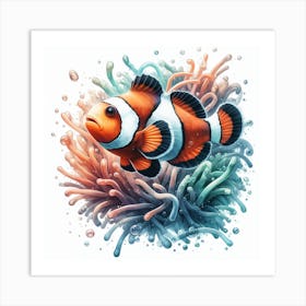 Sea Clownfish In Motion, Sea Clownfish Watercolour Art Print 3 Art Print