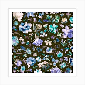 Flower Buds Blue Dark Square Art Print