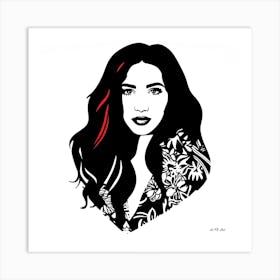 Black And White Minimal Portrait Illustration Of A Self Confident Women With Red Streakes In Her Hair On A White Background Art Print