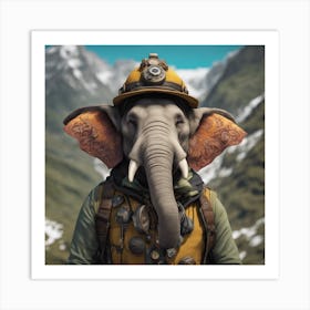 Close Up Portrait, Anthropomorphic Elephant Mountaneer Wearing An Expedition Outfit, In The Himalaya Art Print