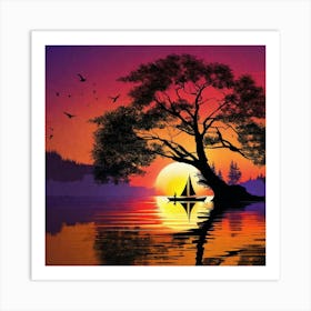 Sunset With Sailboat Art Print