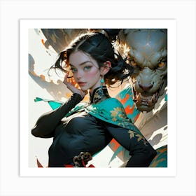 Nix. Illustration of a Woman with a monster in the background, Nix was the Goddess without fear Art Print