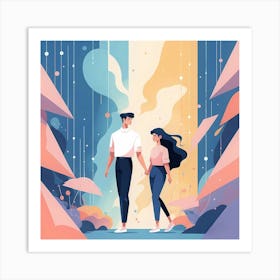 Couple Walking In The Rain Art Print