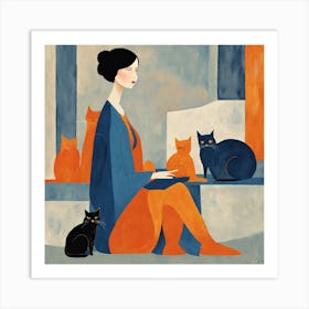 Calm Woman and cat Portrait ai-drawing-generator Art Print