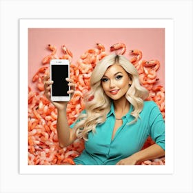 Woman Holding Smart Phone In A Sea Of Shrimp Art Print