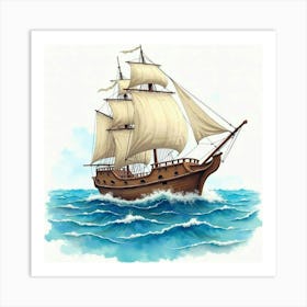 Old Wooden Ship Sailing Through Vibrant Watercolor Seas 1 Art Print