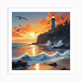 Lighthouse At Sunset Art Print