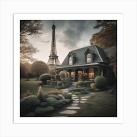 Eiffel Tower with Cozy Cottage Landscape Art Print