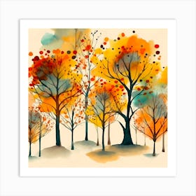 Autumn Trees Watercolor Painting Art Print