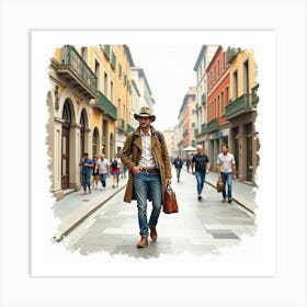 Charming Italian Man In Watercolor, Enjoying A Leisurely Stroll Through Milan Art Print