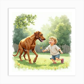 Watercolor Of A Vizsla And Child Playing In A Sunny Garden 1 Art Print