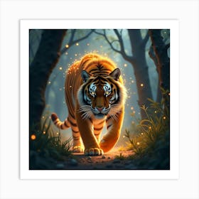 A Majestic Tiger With A Mane Of Sparkling Fireflies Prowling Through An Enchanted Forest Art Print