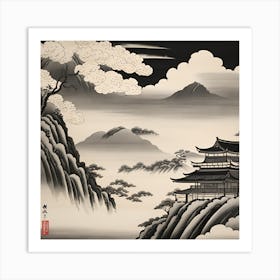 Asian Landscape Japanese Monochromatic Art Print