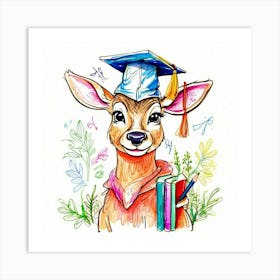 Watercolor Deer With Graduation Cap Art Print