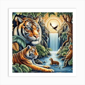 Geometric Art Tigers at the waterfall Art Print