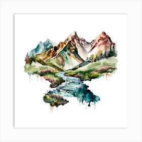 Watercolor Mountains And River 1 Art Print