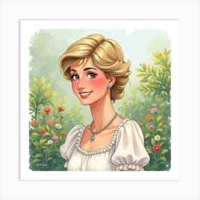 Gentle Smile Princess Diana, Soft Watercolor Garden Behind 1 Art Print