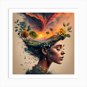 Girl With Flowers In Her Head Art Print