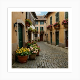 A Picturesque European Village With Cobblestone Streets, Historic Buildings, And Blooming Flower Boxes 1 Art Print