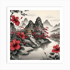 Chinese Landscape With Hibiscus, Black And Red Art Print