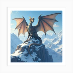 A Majestic Dragon Perched Atop A Snowy Mountain, Wings Spread Wide Art Print