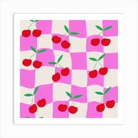 Red Cherries on Pink Warped Checkerboards Art Print