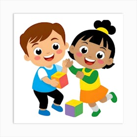 Two Children Playing With Building Blocks 1 Art Print