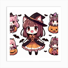 Halloween Kawaii Cute Anime Styled Girl Cartoon, pumpkin Art Print
