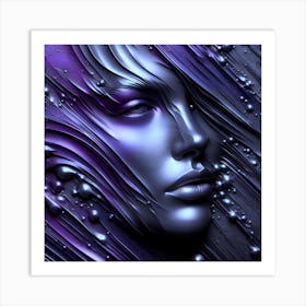 Portrait Of A Beautiful Woman's Face - An Embossed And Textured Abstract Artwork In Silver, And Deep Purple Liquid Metal Mercury Effect In Flow. Art Print