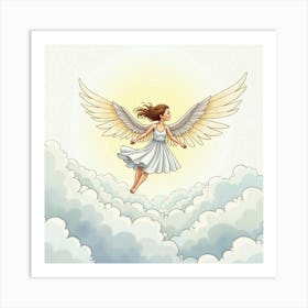 Graceful Sylph Flying Above Clouds, Watercolor 1 Art Print