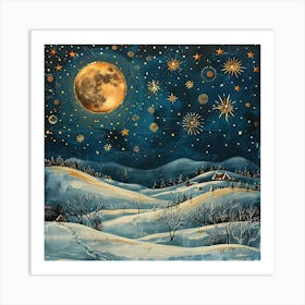 Magical Winter Night Scene With A Large Full Moon Stars And A Snowy Landscape Featuring Small Houses And Leafless Tree Art Print