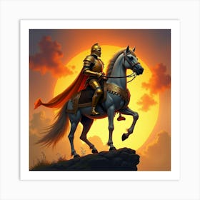 Majestic Knight In Golden Armor With A Vibrant Sunset Backdrop, Watercolor 1 1 Art Print