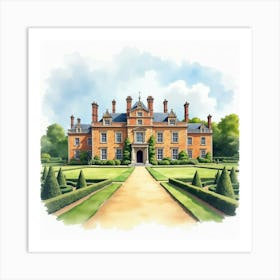 Watercolor Painting Of The Kingston Lacy In Dorset, Capturing Its Grand Design And Beautiful Surroundings Art Print