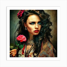 A Portrait Of A Gypsy Female With Rose Flower Art Print